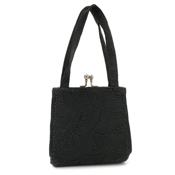 Vintage Corde Purse Bag Fabric Kiss Lock Closure Double Strap Retro Satchel - Picture 1 of 7